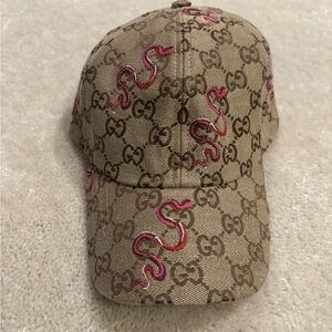 Gucci Tan and Pink Snake Print Cap